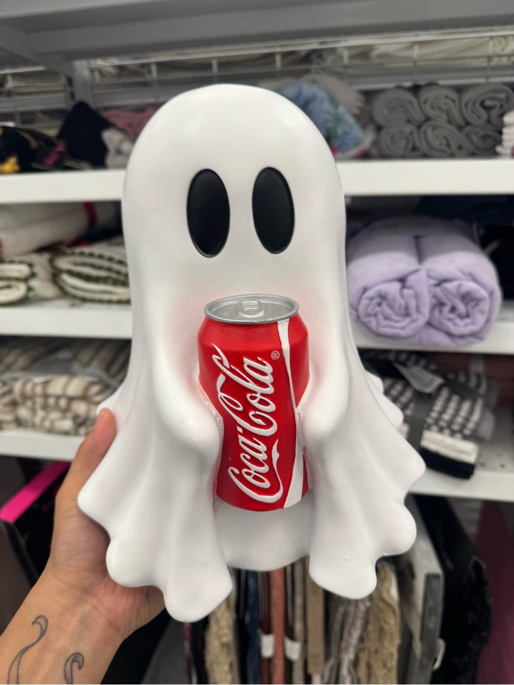 Coca-Cola Ghost holding cola can - Spooky Halloween decor